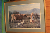 LARGED FRAMED PRINT OF YOUNG GIRL AND COW, GOOD CONDITON,