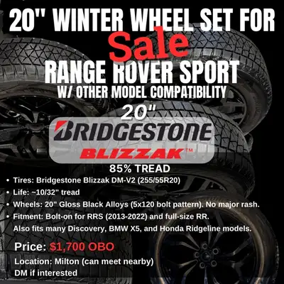 Complete winter wheel and tire package originally from a 2020 Range Rover Sport. Only one season of...