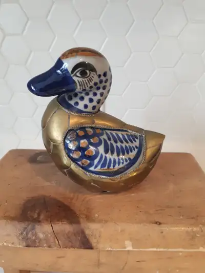 Mexican Tonala duck figurine Ceramic & Brass Hand Painted pottery figurine Silver Springs NW