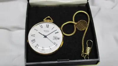 MINTY VINTAGE 19 JEWEL SCKONDA GOLD POCKET WATCH CHAIN & BOX, View more
