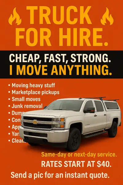 Need muscle and a truck? I do all the jobs you don’t want to. • Moving heavy stuff • Marketplace pic...
