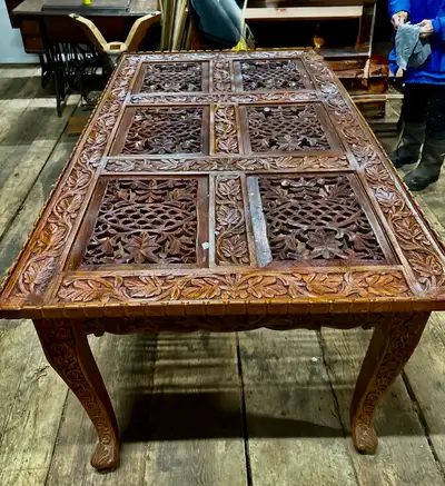 Hand-Carved Wood Dining Table + 4 Matching Chairs , View more