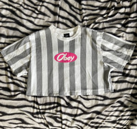 OBEY (Size S) White & Grey Striped Cropped Top