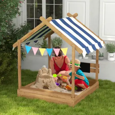 Wooden Sandbox with Canopy, House Design for 3-7 Years Old, Brown Features: - Made of fir wood with...
