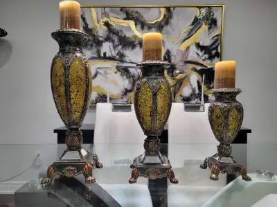 Set of 3 Gold & Brown Mosaic Candle Holders, View more