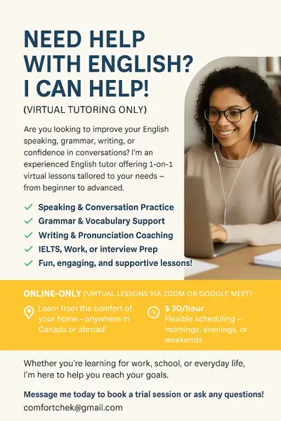 Virtual English Tutor- Apprenons l’anglais (virtuellement) 30/h, View more