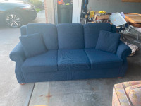 2 Blue Fabric (Corduroy) Couches and Ottoman - Custom Made