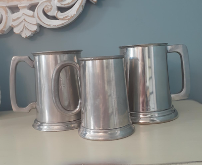 3 Vintage pewter Sheffield England glass bottom tankards mugs, View more