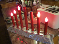 1960s WOOD BASE FOIL WRAPPED 7 LIGHT XMAS CHRISTMAS STAND $5.