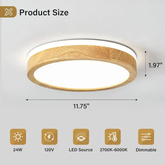 Pevfah Dimmable Wood Flush Mount Ceiling Light, Round LED Fixtur in Indoor Lighting & Fans in Oshawa / Durham Region - Image 3