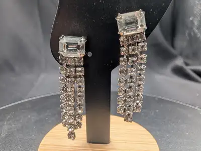 Vintage Rhinestone Waterfall Clip On Earrings Art Deco Style, View more