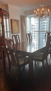 Expandable Dining Table and Hutch with 7 Chairs