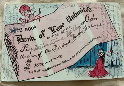 $15 cheque of love antique 1905 Valentine's Day card, View more
