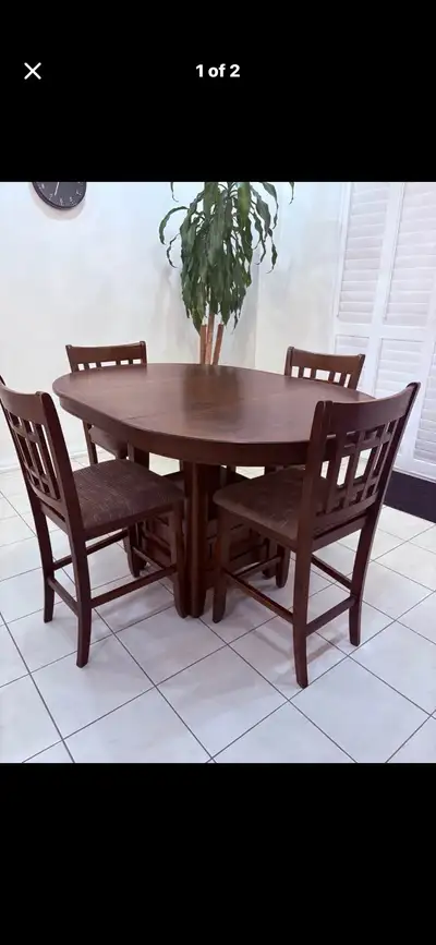 5 piece wood high brown dining table and 4 chairs on set, View more