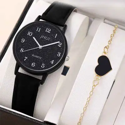 JHUI Quartz Watch and Heart Bracelet Set, View more