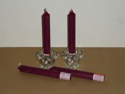 4 Cranberry Candles and 2 Glass Candle Holders ... NEW : Boxed, View more
