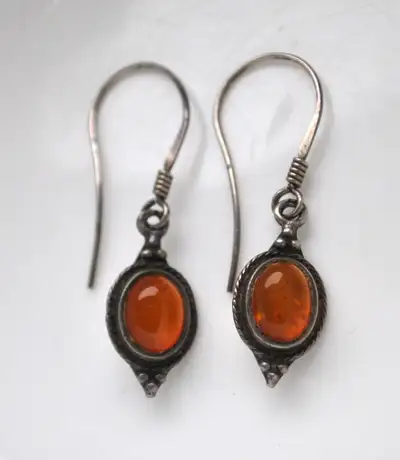 AMBER on SILVER EARRINGS - Genuine polished cabochon amber mounted in tested silver settings - 3.5cm...