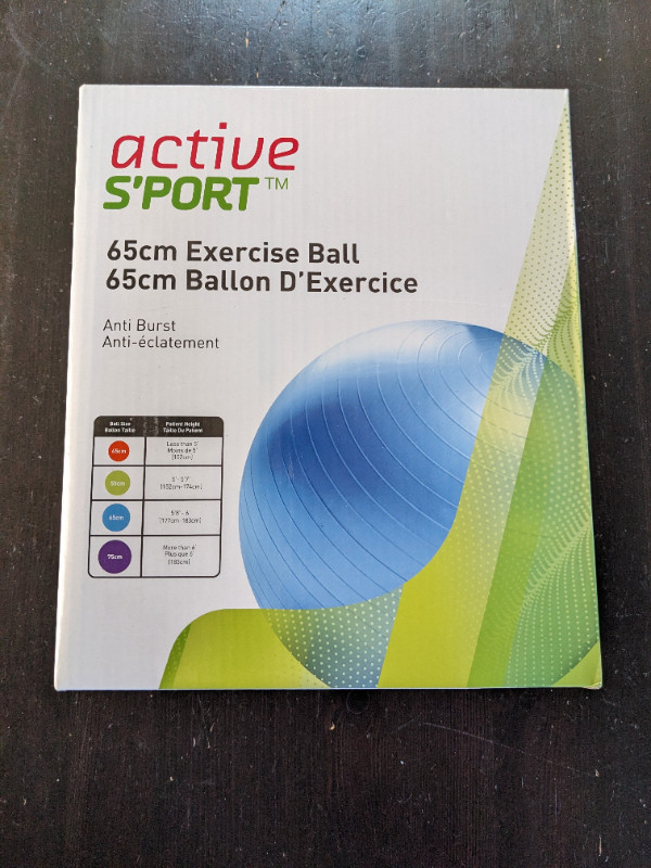 Active Sport Exercise Ball, 65 cm, NEW in Box - Comes with Pump in Exercise Equipment in Edmonton