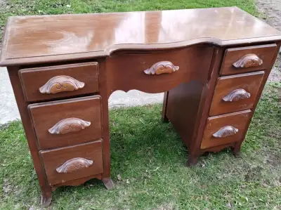 Antique Solid Wood Victorian Double Pedestal Desk or Vanity, View more