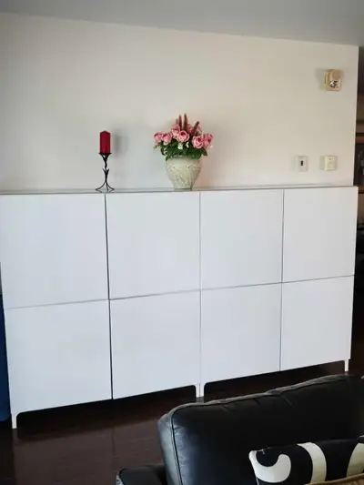 Moving Sale - White Storage Cabinet with Glass Top, View more