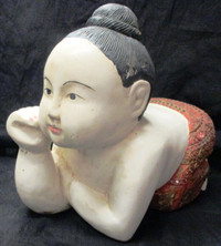 Vintage/Antique, Hand Carved Wood Thai Statue of Boy Pillow
