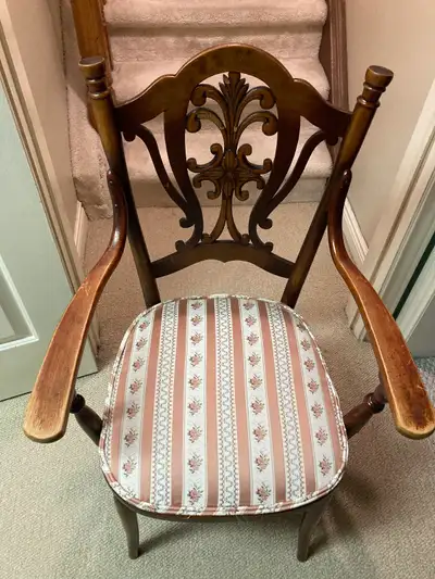 Antique Hand-Carved Wood Parlor Armchair with Floral Upholstery, View more