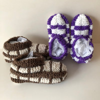 NEW - 2 Pair Slippers Handmade Knit Chunky Purple Brown Retro