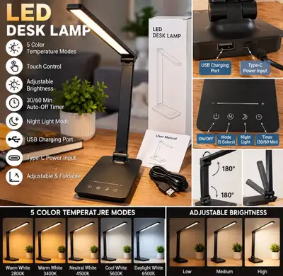 LED Desk Lamp with Touch Control and USB Port, View more