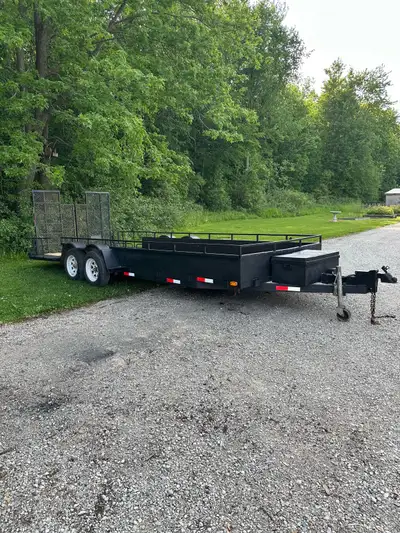 Selling my 20’ JDJ landscape trailer (8’ wide at the back). It has dual 3,500 lb axles, working ligh...