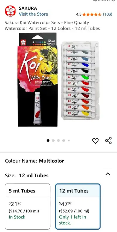 Dive into a world of vibrant colours with this Sakura Koi Watercolors set, featuring 12 tubes of hig...