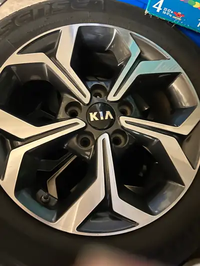 Full set of four P205/55R16 all season tires mounted on OEM 2021 Kia Forte aluminum rims for sale. T...
