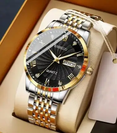 Gorgeous mens striped black face gold and silver band watch, View more