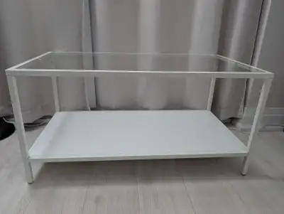 White Coffee Table with Glass Top – Good Condition, View more