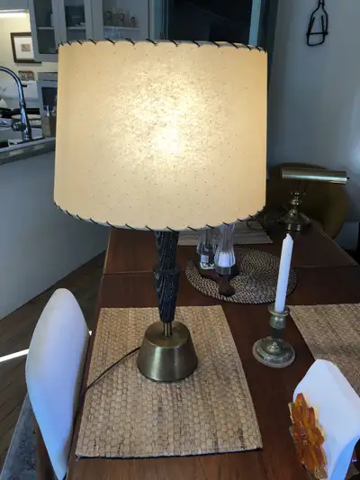 MCM Brass & Wood Desk Lamp With Perforated Fibreglass Shade, View more