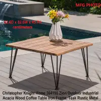 (NEW) Zion Outdoor Acacia Wood Table Iron Frame Teak Rustic