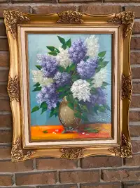 Vtg oil painting Lilacs original wood frame