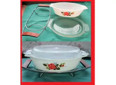 COTTAGE ROSE ~ JAJ Oval Casserole & Stand …Vintage Pyrex, View more