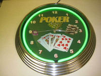 Poker 15" Neon Wall Clock (Chrome Rim/Green Neon)