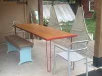 Large Indoor Pine Table w/Red Hairpin Legs