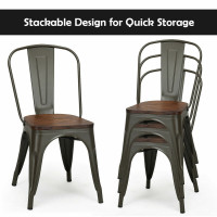 Set of 4 Tolix Style Metal Dining Side Chair Wood Seat Stackable