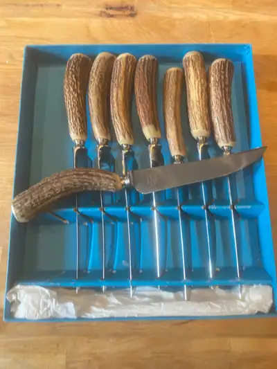 Set of 8 Birk's Sheffield Steak Knives with Antler Horn Handles, View more