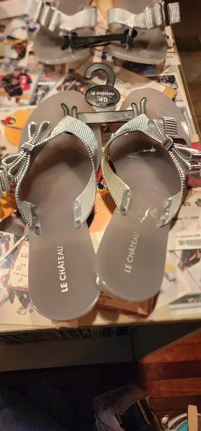 New ladies Le Chateau silver bow sandals, size 8 or 8 1/2, View more