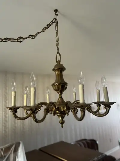 Antique brass chandelier / Lustre en laiton antique, View more