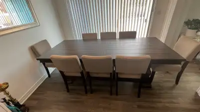 Dining table with 8 chairs Length 94 inch with additional extension still in box The set is in excel...