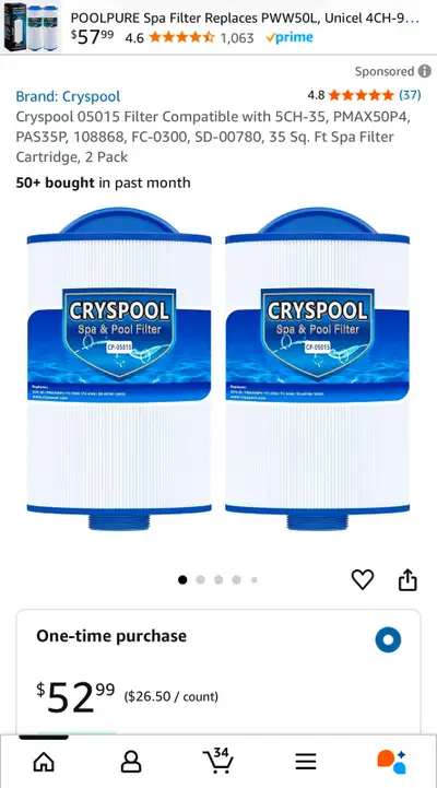 Cryspool 05015 Filter Compatible with 5CH-35, PMAX50P4, PAS35P, View more