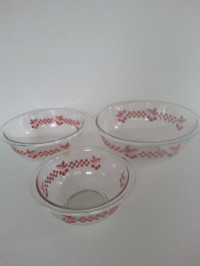 Pyrex Red Cherry/Gingham Checkered Clear Nesting Mixing Bowls