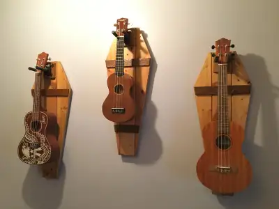 Ukulele Wall Mounts (Coffins) - Made with reclaimed wood. Hang up your ukuleles in goth rock n roll...