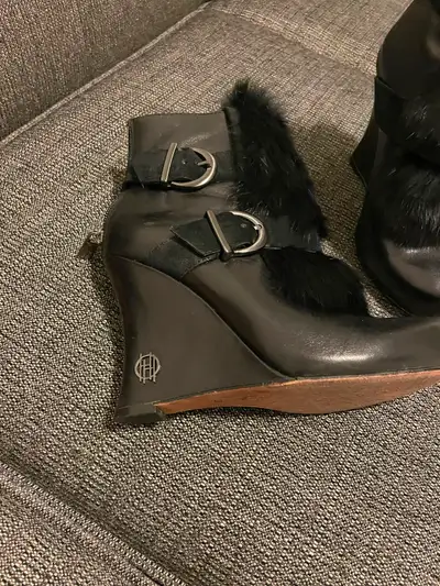 House of Harlow, black leather wedge ankle boots, size 6, View more