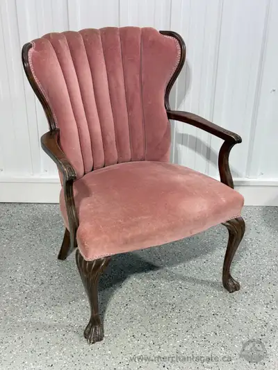 Vintage Upholstered Accent Armchair with Carved Wood Frame, View more
