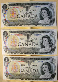 1$ Dollar Can.1973: 7 Billets dont 3 Consécutifs et 4 autres 1$